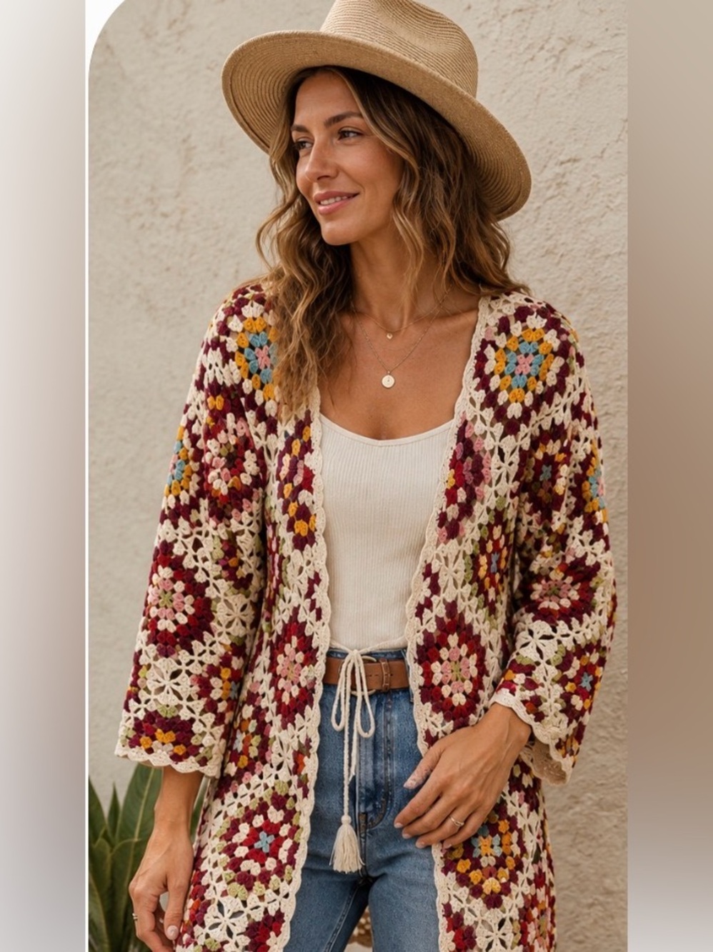 Johnny Was Multicolor Crochet Open-Front Cardigan - Cream & Burgundy